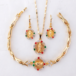 18K Tri-Color Gold Plated Brass Christian Our Lady Guadalupe Pendant Necklace Zircon <b>Earrings</b> <b>Bracelet</b> Women Certified Wedding - Product Image 1