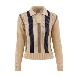 Factory Custom Women Knit Sweater <strong>Long</strong> <strong>Sleeve</strong> <strong>Polo</strong> Neck <strong>Ladies</strong> Knit Pullover Striped Jacquard Hollow-out Knit <strong>Polo</strong> <strong>Shirt</strong> - Product Image 2