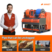 Machine de nettoyage à jet pour égouts AMJET 180 bar 65 lpm, tuyau de 75 m 1/2'', nettoyeur de drains haute capacité pour travaux de plomberie, pompe allemande