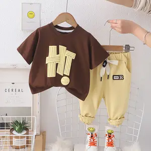 Nieuwe Stijl Lente Zomer Jongens Meisjes Korte Mouw Brief Bedrukt T-Shirt Top + Effen Broek 2 Stuks Sport Outfit Kleding Set