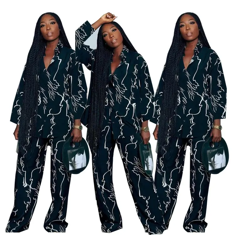 BOBOYU style 2022 loose lounge wear set 2 pieces ladies long sleeve shirt and palazzo pants outfits fashionable