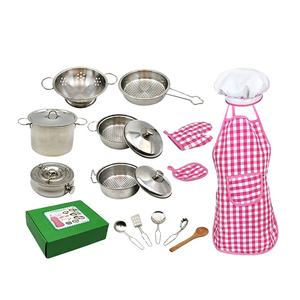 Set de mini jouets de cuisine en acier inoxydable, 18 pièces, jeu de simulation, <span class=keywords><strong>chef</strong></span>, maison de cuisine, réelle, avec tablier rose - Product Image 1