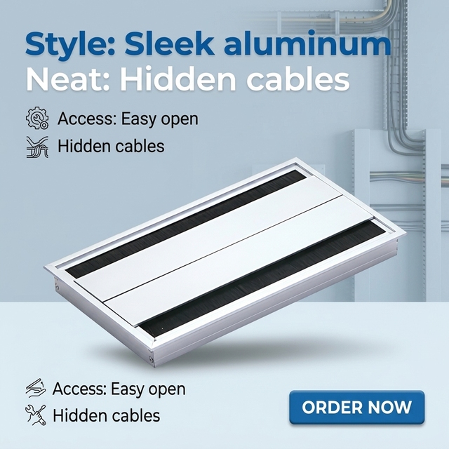 Aluminum Alloy Computer Desk Rectangle Wire Cable Grommet Office Desk Cable Management Box with Brush for Home Office