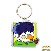Porte-clés carré transparent en acrylique avec canard de dessin animé original, pipe et cheveux bouclés, anneau métallique pour clés, sacs, sacs à dos