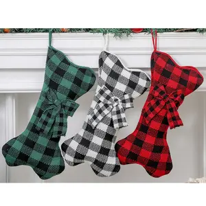 Wholesale Knitted Xmas Socks Bag plaid Dog Bone Pattern Pet Christmas Stocking with bow