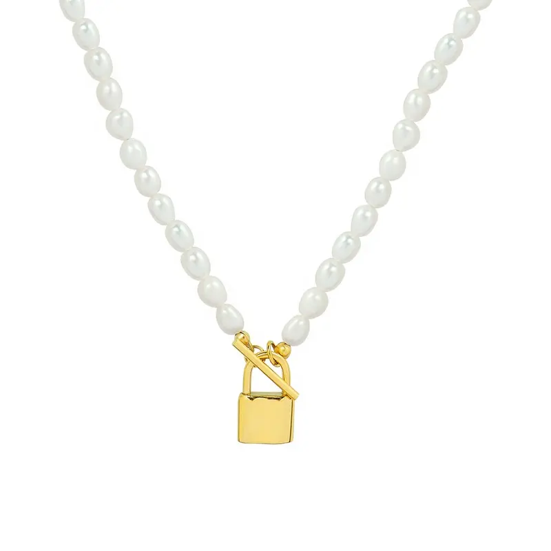 MICCI-joyería de acero inoxidable chapado en oro de 18K para mujer, medallón con candado, colgante, gargantilla de perlas de agua dulce