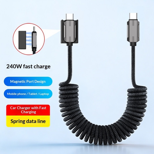 240W 6A Fast Charging Dual Type-C Coiled Cable Magnetic Storage Nylon Braided Elastic Retractable USB-C Cord for Mobile Phones