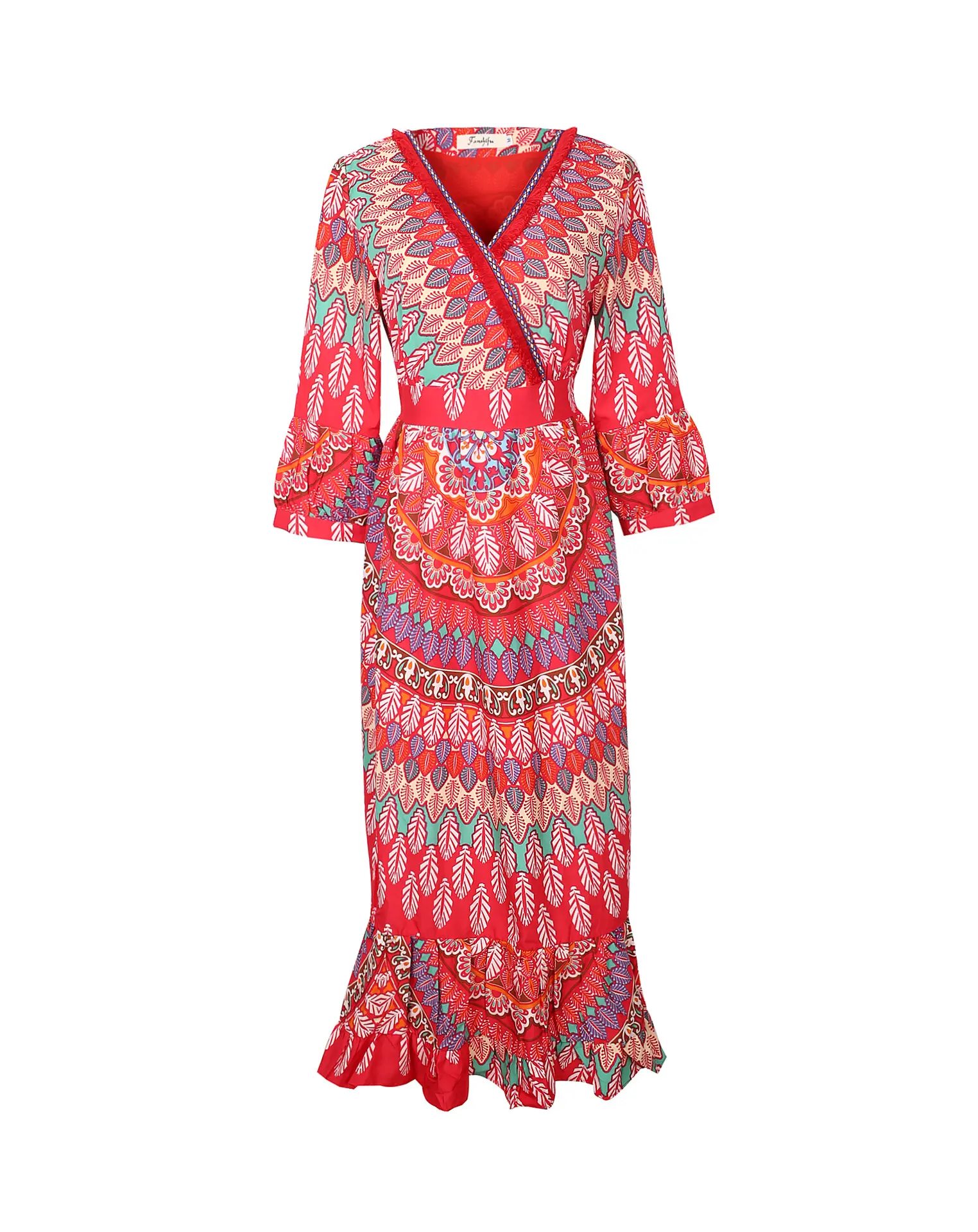 เดรสโบโฮสำหรับผู้หญิง,ชุดกระโปรงชายหาดรีสอร์ทริมทะเลชุดเดรสผู้หญิงพิมพ์ลายแบบขอบคอวีสีแดงฤดูร้อน