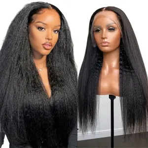 Venta al por mayor Afro Yaki peluca recta Remy brasileño virgen rizado recto Humain pelo 13x4 360 Full HD peluca con malla frontal para negro Wome