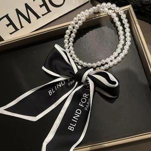 Pañuelo de seda 2 en 1 con lazo de perlas y gargantilla de perlas, accesorio de moda para vestidos - Product Image 3