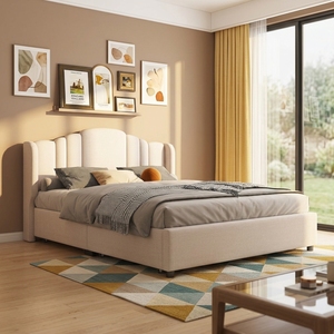 <span class=keywords><strong>Letto</strong></span> con <span class=keywords><strong>Testiera</strong></span> Curva Imbottita in Velluto, Multipannello a Strisce Verticali, Colore Crema Beige, per Arredamento Minimalista - Product Image 4