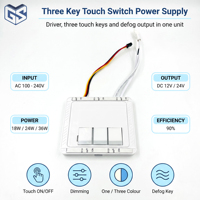 Interrupteur tactile intégré à trois boutons ETL FCC 18W 24W 36W 12V 24V avec étanchéité IP44 pour éclairage de miroir LED, entrée 100-240V