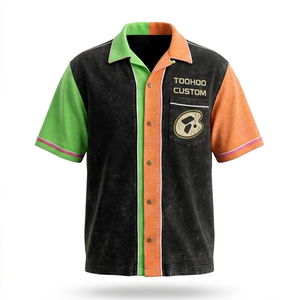 Custom Vintage Washed <b>Bowling</b> Shirt Green Orange Black Color Block Camp Collar Embroidered Patch Retro Streetwear Team Jersey - Product Image 3
