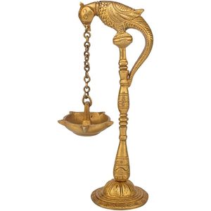 Support de lampe à huile religieuse hindoue en laiton en forme d'oiseau avec chaîne suspendue Cadeaux de temple à la maison Fengshui Ensemble de 4 pièces comprenant un bec Diya - Product Image 1