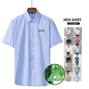 Chemise unie blanche OEM pour homme en fibre de bambou et coton, coupe ajustée, manches courtes, personnalisable pour affaires - Product Image 3