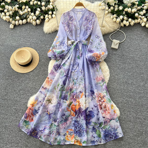 Abito da <span class=keywords><strong>donna</strong></span> alla moda con ricami floreali, scollo a V, maniche lunghe, linea ad A che definisce la vita, abito da <span class=keywords><strong>ufficio</strong></span> - Product Image 2