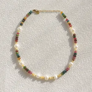 Handmade Dainty Multicolor Natural Stone Beaded Freshwater Pearl Stainless Steel Waterproof Necklace Women and Girls Jewelry