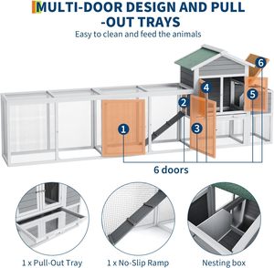 Grande <span class=keywords><strong>cage</strong></span> et poulailler de luxe en bois avec toit imperméable résistant aux UV, nichoir, plateau coulissant et rampe pour volailles de ferme en extérieur - Product Image 6