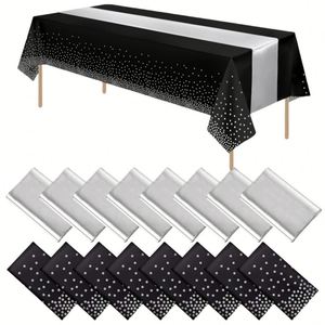 Black and Silver Dot Tablecloth Silver Satin Table <b>Runner</b> Disposable Plastic Tablecloths and Satin Table <b>Runner</b> Set for Wedding - Product Image 1