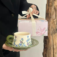 Tasse à café en céramique à motif floral style frais – Design rétro de luxe léger 300-350 ml, violet, cadeau idéal pour mariage, fête, anniversaire