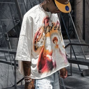 T-shirt personnalisé sérigraphié en coton épais à épaules tombantes, coupe oversize, avec motif graphique en strass, style court et carré pour homme - Product Image 3