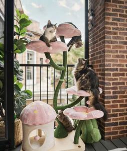 Stock transfrontalier <span class=keywords><strong>MJ23</strong></span> Arbre à chat floral rose clair en bois massif, gain de place, avec structure d'escalade, nid pour chat, plateforme de saut et donut - Product Image 3