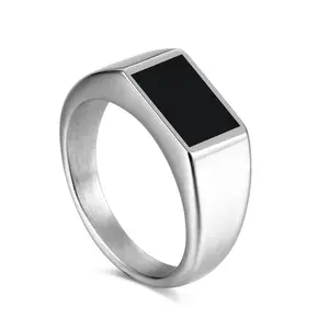 Anéis de prata para homens, venda quente de anéis de joias de aço inoxidável para homens, anel de dedo em esmalte preto