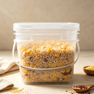 Seau en plastique transparent de qualité alimentaire, carré, avec poignée et couvercle hermétique pour le stockage de riz, de céréales et d'aliments secs dans la cuisine - Product Image 1