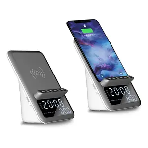 2022新款无酒充电扬声器闹钟发光二极管时钟带无线充电多功能手机支架扬声器USB