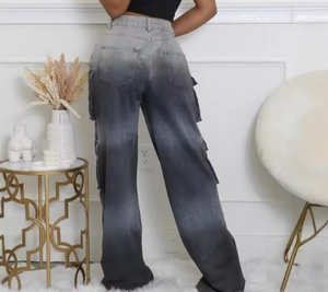 Viviblook Z414PT01 Pantalon en jean droit pour femme avec plusieurs poches, boucle, couleur dégradée - Product Image 3