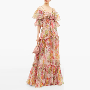 Été Nouveau Style femmes Robe Mode Licou Plissée À Volants à Imprimé Floral En soie Organza Robe - Product Image 4
