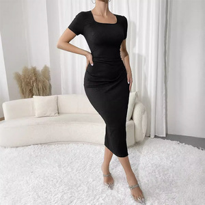 black extreme thigh split panelled plunge bodycon dress Plunge Neck Thigh Split Maxi Dress – Wholesale Capella Apparel main image 0