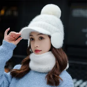 New Women Winter Cap Keep Warm Cap Add Fur Lined Hat And Scarf Set Warm Hats For Female Casual Rabbit Fur Winter Knitted Hat