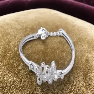 Sterling <b>Silver</b> <b>Bangle</b> with Triple Flower Motif and Sparkling Zircon Stones 10GM Weight Elegant Modern <b>Bracelet</b> - Product Image 3