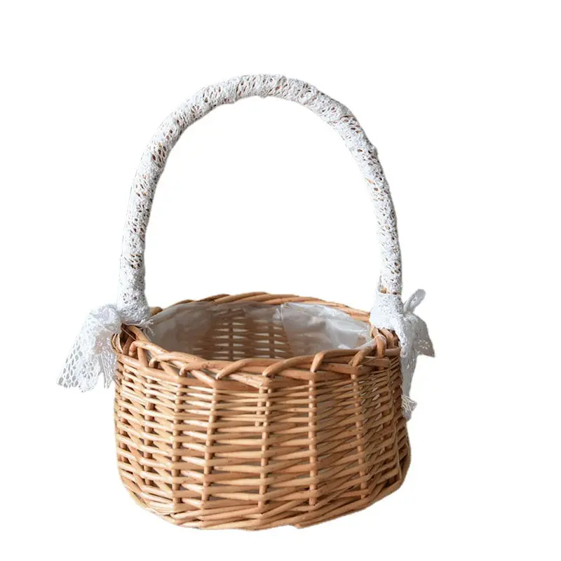 Panier de fleurs en rotin tissé à la main Petit panier portable Cadeau d'oeuf de Pâques Panier de pique-nique pour enfants avec poignée