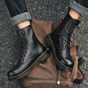 Bottes Martin pour femmes en cuir véritable, bout rond, talon plat, bottines à lacets, semelle en caoutchouc antidérapante, style décontracté - Product Image 3