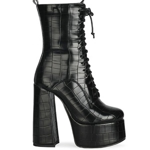 New Style Black Pure Color Stone Print Lace up Chunky Heels Platform Half <b>Knee</b> <b>High</b> Boots Round Toe Outdoor Anti-Slippery Shoes - Product Image 5