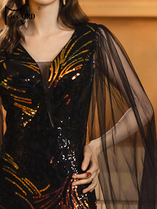 Mantella manica sirena <span class=keywords><strong>nero</strong></span> <span class=keywords><strong>paillettes</strong></span> lunghi eleganti abiti da sera di lusso per le donne - Product Image 6