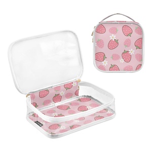 Ensemble de deux trousses de maquillage transparentes rose fraise personnalisées, petite trousse de toilette à fermeture éclair en PVC pour femmes, sacs cosmétiques transparents - Product Image 2