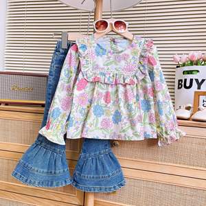 हॉट सेलिंग कैजुअल कपड़ों में मीठे लंबे स्लीव पुष्प प्रिंट कपड़े पहने हुए कपड़े पहने जींस पैंट लड़की के लिए <span class=keywords><strong>2</strong></span> टुकड़े - Product Image 2