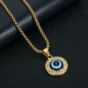 Collier pendentif œil porte-bonheur en acier inoxydable, breloque ronde sertie, bijou cadeau - Product Image 4