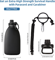 Gourde isotherme de voyage en acier inoxydable à double paroi de 60 oz/1,8 L avec corde, isolation sous vide, couvercle anti-fuite, maintien thermique 12-24h, sans BPA, pour l'eau
