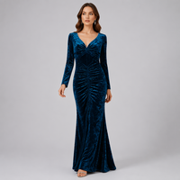 Robe de soirée sirène en velours bleu paon, taille naturelle, anti-plis, manches longues, col en V orné de strass, froncée, longueur maxi