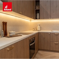 Meubles de cuisine inspirés du mobilier, placage noyer, avec rangement intégré, porte coulissante, panneau plat et îlot