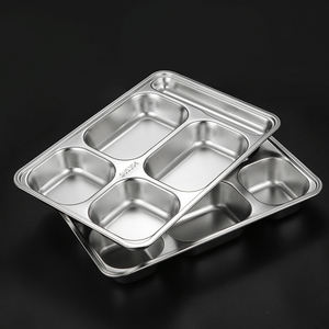<span class=keywords><strong>Plateau</strong></span> alimentaire divisé en acier inoxydable 304 avec couvercle 4 5 6 compartiments Assiette à dîner rectangulaire pour cantine à usage scolaire - Product Image 4