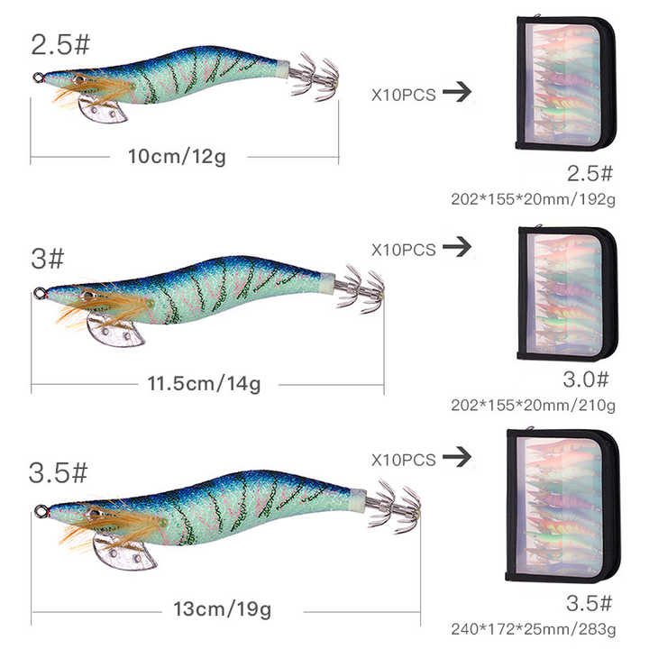 Leurres Lumineux Eau Salée - 10 Gabarits Calmar Shaddock, Tailles Assorties