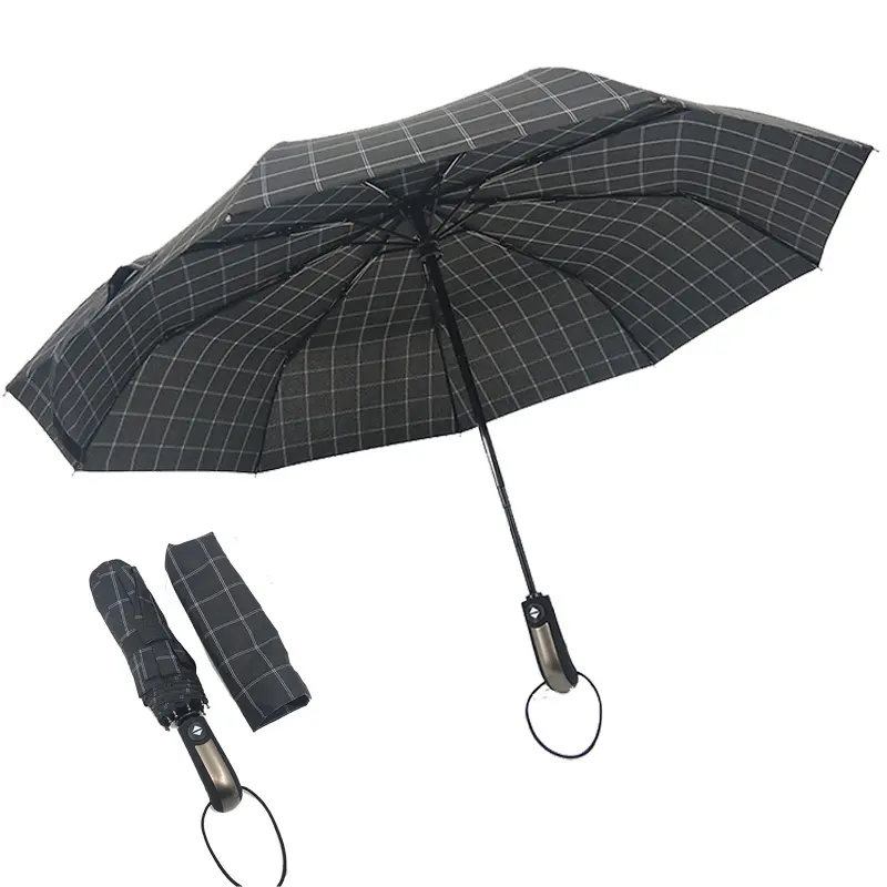Voll druck Seiden druck Sanfter Stil für Männer Großer gummierter langer Griff Voll automatischer 3-fach klappbarer Regenschirm