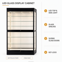 Mattschwarzer Rahmen LED-Glasvitrine Glasregale Abschließbare Vitrine Schiebetür aus Glas Einzelhandelsgeschäft Sammlerstücke
