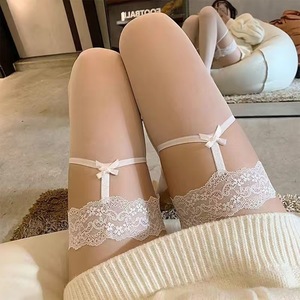 Mu Ruan Black Faux Suspender Stockings 0D Ultra Thin Transparent Over The Knee High Women's Summer Spring Autumn Lace <b>Bow</b> Solid - Product Image 3