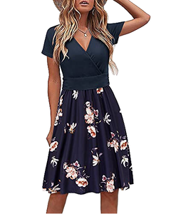 Robe midi décontractée pour femme, col en V, imprimé floral, coupe trapèze, manches courtes, respirante, avec poches, pour le printemps/été, vente en gros - Product Image 2